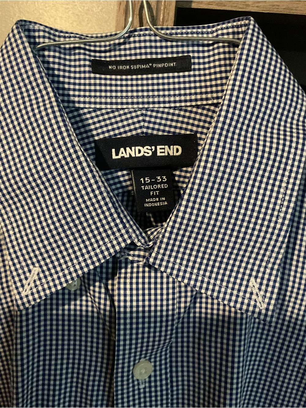 Lands' End Men's Navy and White Gingham Dress Shirt